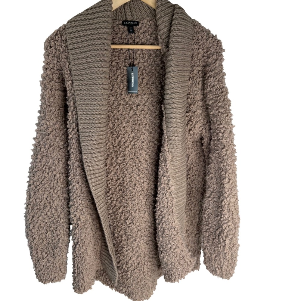 Express Womens Taupe Popcorn Knit Shawl Collar Open Front Cardigan Sweater M NEW